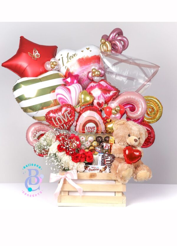 Balloon Gift Box w/ Fresh Flowers, Chocolates & Bear